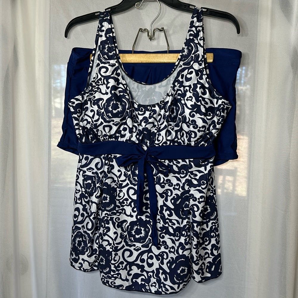 Navy blue and white tankini set with swim shorts